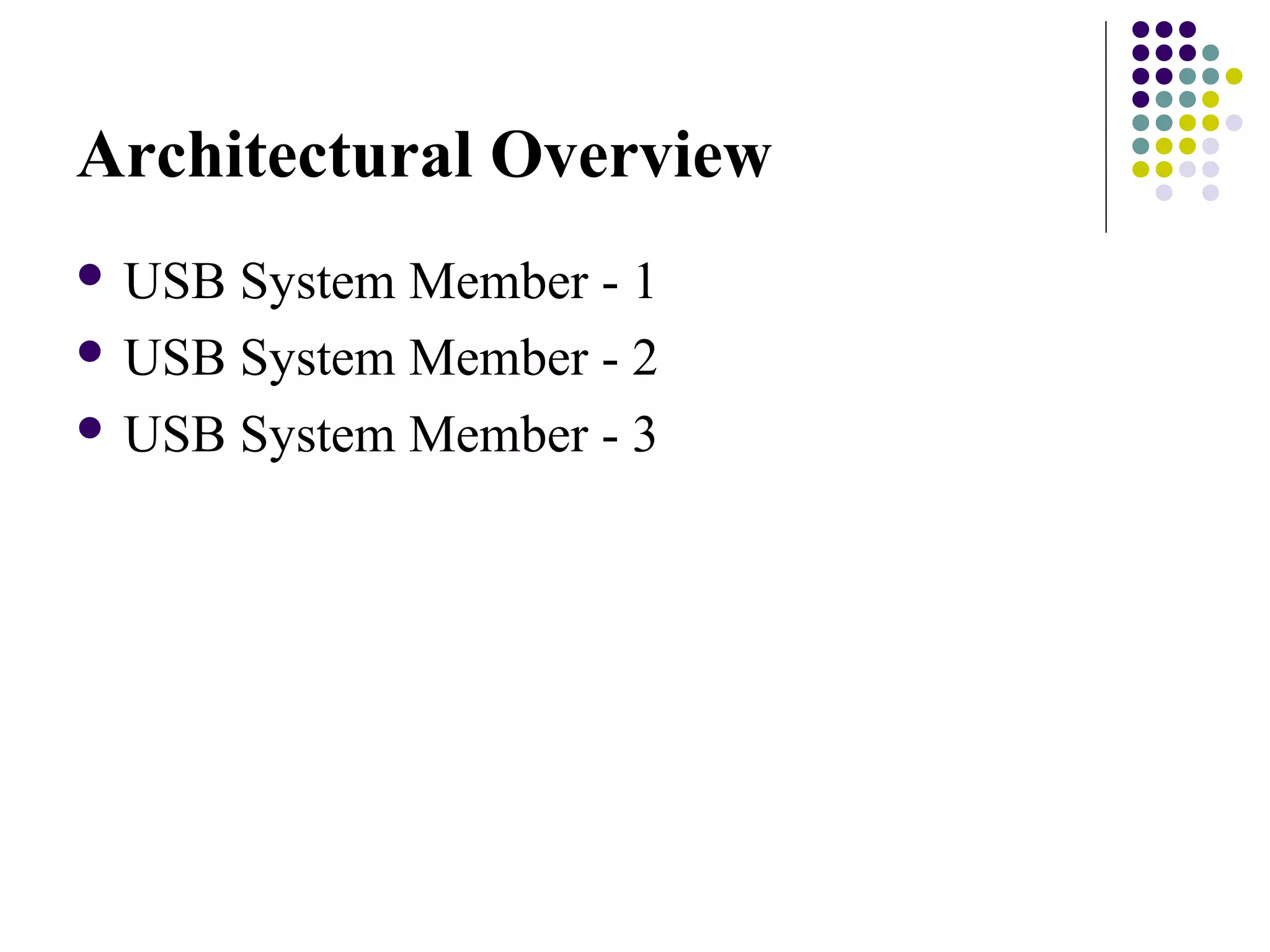 Architectural Overview
 USB System Member - 1
 USB System Member - 2

 USB System Member - 3
 