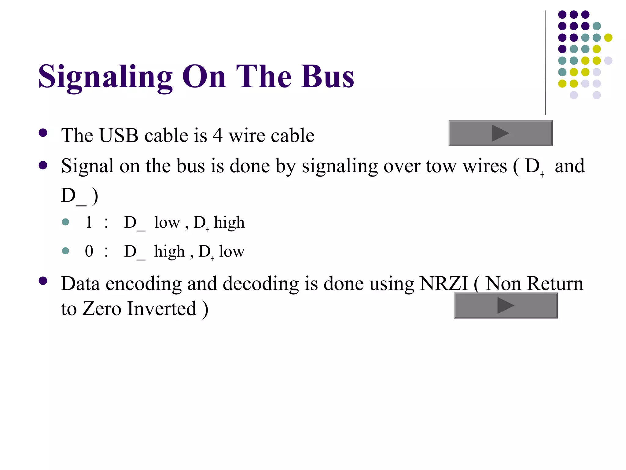 Signaling On The Bus
   The USB cable is 4 wire cable
   Signal on the bus is done by signaling over tow wires ( D+ and
    D_ )
       1 ： D_ low , D+ high
       0 ： D_ high , D+ low
   Data encoding and decoding is done using NRZI ( Non Return
    to Zero Inverted )
 