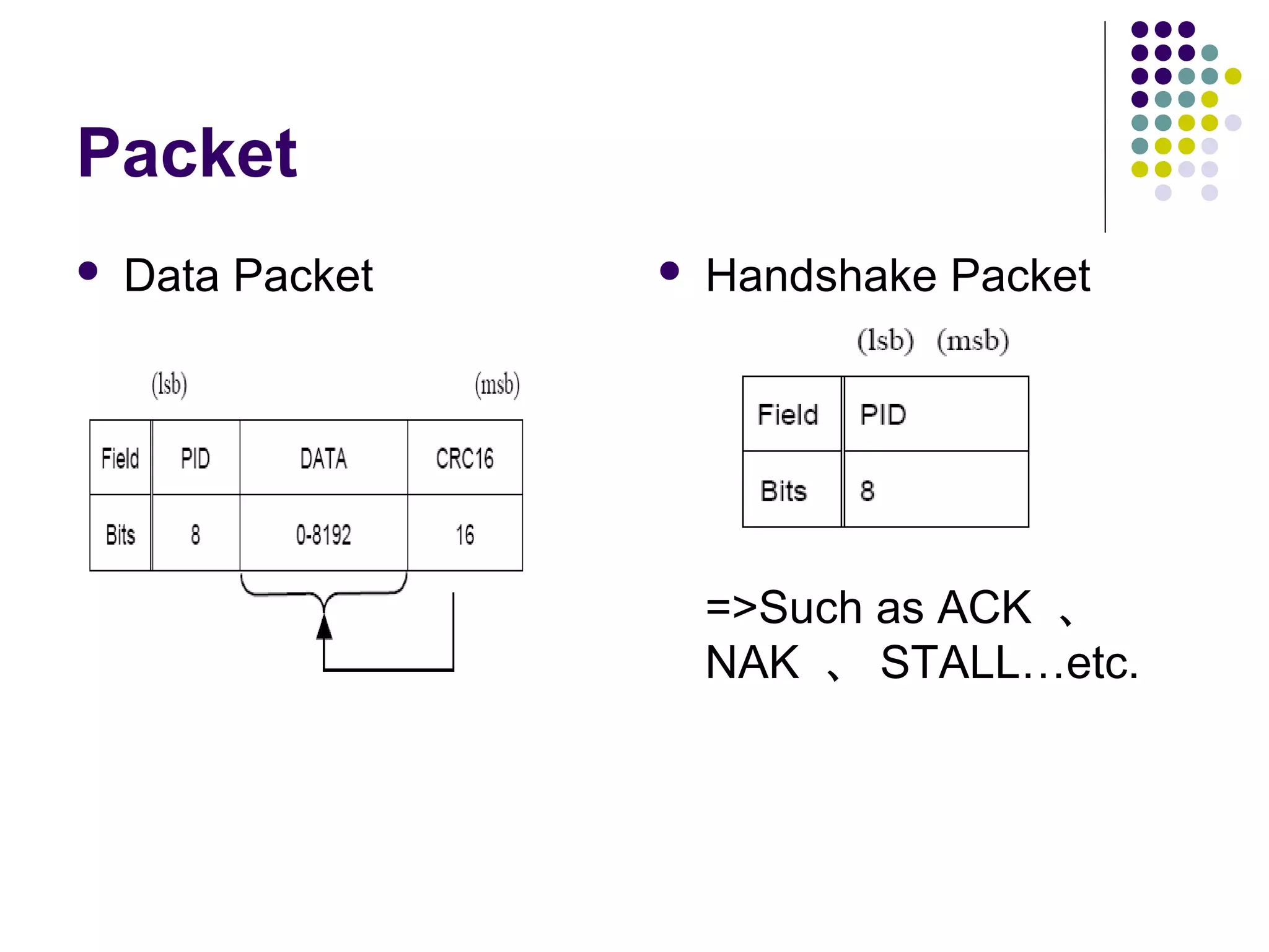 Packet
   Data Packet      Handshake Packet




                      =>Such as ACK 、
                      NAK 、 STALL…etc.
 