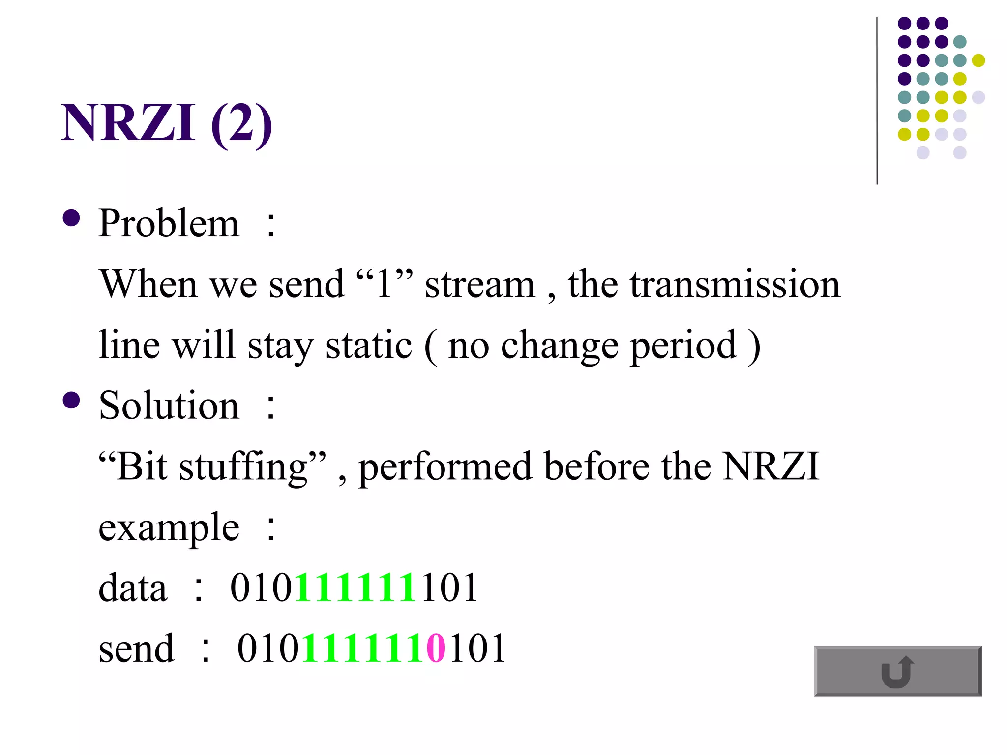 NRZI (2)
 Problem   ：
  When we send “1” stream , the transmission
  line will stay static ( no change period )
 Solution ：

  “Bit stuffing” , performed before the NRZI
  example ：
  data ： 010111111101
  send ： 0101111110101
 