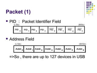 Packet (1)
 PID   ： Packet Identifier Field



 Address   Field



 =>So , there are up to 127 devices in USB
 