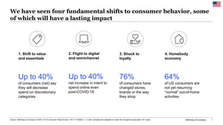McKinsey & Company 1
We have seen four fundamental shifts to consumer behavior, some
of which will have a lasting impact
Up to 40%
net increase in intent to
spend online even
post-COVID-19
2. Flight to digital
and omnichannel
Up to 40%
of consumers (net) say
they will decrease
spend on discretionary
categories
1. Shift to value
and essentials
76%
of consumers have
changed stores,
brands or the way
they shop
3. Shock to
loyalty
64%
of US consumers are
not yet resuming
“normal” out-of-home
activities
4. Homebody
economy
Source: McKinsey & Company COVID-19 US Consumer Pulse Survey 11/9–11/13/2020, n = 2,024, sampled and weighted to match the US general population 18+ years
 