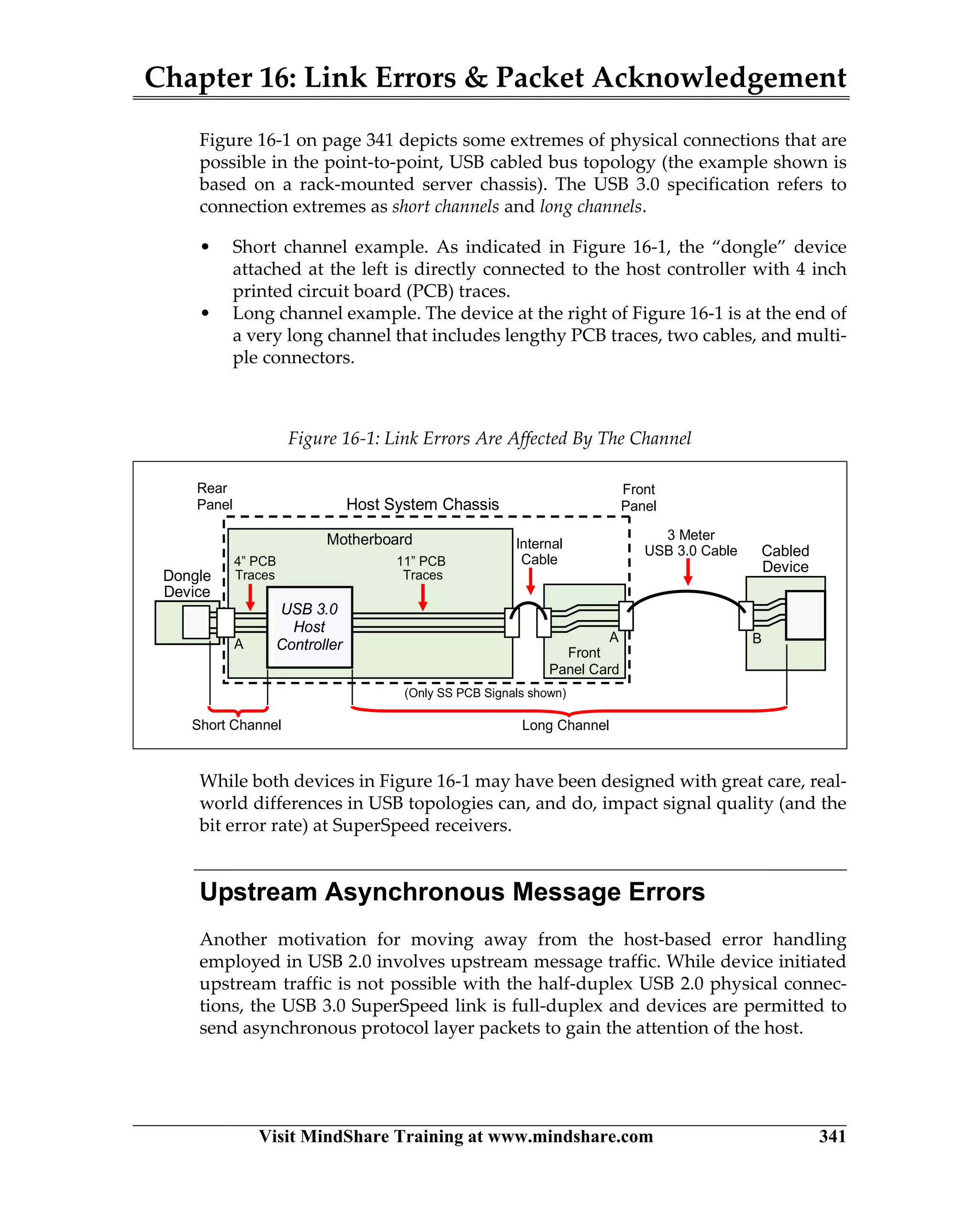 Chapter 16: Link Errors  Packet Acknowledgement
Visit MindShare Training at www.mindshare.com 341
Figure 16-1 on page 341 depicts some extremes of physical connections that are
possible in the point-to-point, USB cabled bus topology (the example shown is
based on a rack-mounted server chassis). The USB 3.0 specification refers to
connection extremes as short channels and long channels.
• Short channel example. As indicated in Figure 16-1, the “dongle” device
attached at the left is directly connected to the host controller with 4 inch
printed circuit board (PCB) traces.
• Long channel example. The device at the right of Figure 16-1 is at the end of
a very long channel that includes lengthy PCB traces, two cables, and multi-
ple connectors.
While both devices in Figure 16-1 may have been designed with great care, real-
world differences in USB topologies can, and do, impact signal quality (and the
bit error rate) at SuperSpeed receivers.
Upstream Asynchronous Message Errors
Another motivation for moving away from the host-based error handling
employed in USB 2.0 involves upstream message traffic. While device initiated
upstream traffic is not possible with the half-duplex USB 2.0 physical connec-
tions, the USB 3.0 SuperSpeed link is full-duplex and devices are permitted to
send asynchronous protocol layer packets to gain the attention of the host.
Figure 16-1: Link Errors Are Affected By The Channel
Short Channel
Dongle
Device
3 Meter
USB 3.0 Cable
4” PCB
Traces
USB 3.0
Host
Controller
Host System Chassis
A
Front
Panel Card
Motherboard
A
Internal
Cable11” PCB
Traces
Cabled
Device
B
Long Channel
Front
Panel
Rear
Panel
(Only SS PCB Signals shown)
 