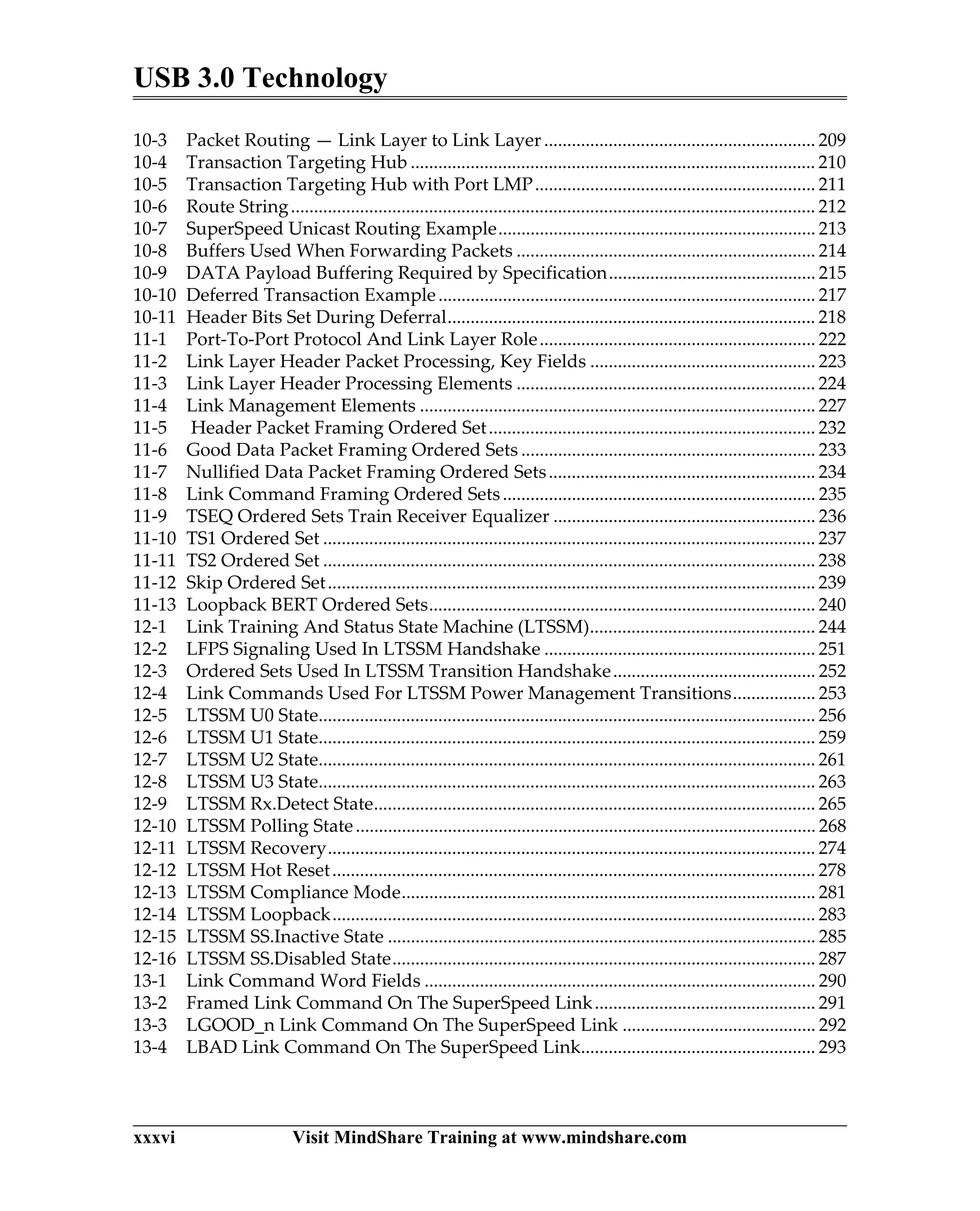 USB 3.0 Technology
xxxvi Visit MindShare Training at www.mindshare.com
10-3 Packet Routing — Link Layer to Link Layer ........................................................... 209
10-4 Transaction Targeting Hub ........................................................................................ 210
10-5 Transaction Targeting Hub with Port LMP............................................................. 211
10-6 Route String.................................................................................................................. 212
10-7 SuperSpeed Unicast Routing Example..................................................................... 213
10-8 Buffers Used When Forwarding Packets ................................................................. 214
10-9 DATA Payload Buffering Required by Specification............................................. 215
10-10 Deferred Transaction Example.................................................................................. 217
10-11 Header Bits Set During Deferral................................................................................ 218
11-1 Port-To-Port Protocol And Link Layer Role............................................................ 222
11-2 Link Layer Header Packet Processing, Key Fields ................................................. 223
11-3 Link Layer Header Processing Elements ................................................................. 224
11-4 Link Management Elements ...................................................................................... 227
11-5 Header Packet Framing Ordered Set....................................................................... 232
11-6 Good Data Packet Framing Ordered Sets ................................................................ 233
11-7 Nullified Data Packet Framing Ordered Sets.......................................................... 234
11-8 Link Command Framing Ordered Sets.................................................................... 235
11-9 TSEQ Ordered Sets Train Receiver Equalizer ......................................................... 236
11-10 TS1 Ordered Set ........................................................................................................... 237
11-11 TS2 Ordered Set ........................................................................................................... 238
11-12 Skip Ordered Set.......................................................................................................... 239
11-13 Loopback BERT Ordered Sets.................................................................................... 240
12-1 Link Training And Status State Machine (LTSSM)................................................. 244
12-2 LFPS Signaling Used In LTSSM Handshake ........................................................... 251
12-3 Ordered Sets Used In LTSSM Transition Handshake............................................ 252
12-4 Link Commands Used For LTSSM Power Management Transitions.................. 253
12-5 LTSSM U0 State............................................................................................................ 256
12-6 LTSSM U1 State............................................................................................................ 259
12-7 LTSSM U2 State............................................................................................................ 261
12-8 LTSSM U3 State............................................................................................................ 263
12-9 LTSSM Rx.Detect State................................................................................................ 265
12-10 LTSSM Polling State.................................................................................................... 268
12-11 LTSSM Recovery.......................................................................................................... 274
12-12 LTSSM Hot Reset......................................................................................................... 278
12-13 LTSSM Compliance Mode.......................................................................................... 281
12-14 LTSSM Loopback......................................................................................................... 283
12-15 LTSSM SS.Inactive State ............................................................................................. 285
12-16 LTSSM SS.Disabled State............................................................................................ 287
13-1 Link Command Word Fields ..................................................................................... 290
13-2 Framed Link Command On The SuperSpeed Link................................................ 291
13-3 LGOOD_n Link Command On The SuperSpeed Link .......................................... 292
13-4 LBAD Link Command On The SuperSpeed Link................................................... 293
 