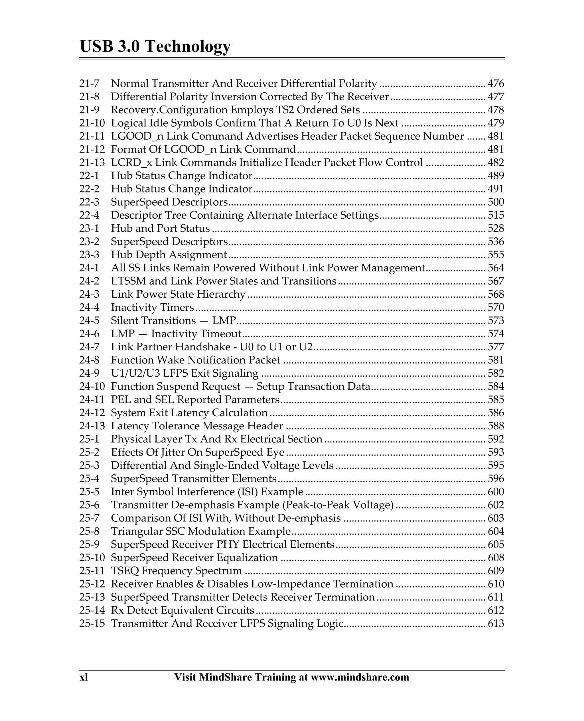 USB 3.0 Technology
xl Visit MindShare Training at www.mindshare.com
21-7 Normal Transmitter And Receiver Differential Polarity ....................................... 476
21-8 Differential Polarity Inversion Corrected By The Receiver................................... 477
21-9 Recovery.Configuration Employs TS2 Ordered Sets ............................................. 478
21-10 Logical Idle Symbols Confirm That A Return To U0 Is Next ............................... 479
21-11 LGOOD_n Link Command Advertises Header Packet Sequence Number ....... 481
21-12 Format Of LGOOD_n Link Command..................................................................... 481
21-13 LCRD_x Link Commands Initialize Header Packet Flow Control ...................... 482
22-1 Hub Status Change Indicator..................................................................................... 489
22-2 Hub Status Change Indicator..................................................................................... 491
22-3 SuperSpeed Descriptors.............................................................................................. 500
22-4 Descriptor Tree Containing Alternate Interface Settings....................................... 515
23-1 Hub and Port Status .................................................................................................... 528
23-2 SuperSpeed Descriptors.............................................................................................. 536
23-3 Hub Depth Assignment.............................................................................................. 555
24-1 All SS Links Remain Powered Without Link Power Management...................... 564
24-2 LTSSM and Link Power States and Transitions...................................................... 567
24-3 Link Power State Hierarchy....................................................................................... 568
24-4 Inactivity Timers.......................................................................................................... 570
24-5 Silent Transitions — LMP........................................................................................... 573
24-6 LMP — Inactivity Timeout......................................................................................... 574
24-7 Link Partner Handshake - U0 to U1 or U2............................................................... 577
24-8 Function Wake Notification Packet .......................................................................... 581
24-9 U1/U2/U3 LFPS Exit Signaling .................................................................................. 582
24-10 Function Suspend Request — Setup Transaction Data.......................................... 584
24-11 PEL and SEL Reported Parameters........................................................................... 585
24-12 System Exit Latency Calculation............................................................................... 586
24-13 Latency Tolerance Message Header ......................................................................... 588
25-1 Physical Layer Tx And Rx Electrical Section........................................................... 592
25-2 Effects Of Jitter On SuperSpeed Eye......................................................................... 593
25-3 Differential And Single-Ended Voltage Levels ....................................................... 595
25-4 SuperSpeed Transmitter Elements............................................................................ 596
25-5 Inter Symbol Interference (ISI) Example.................................................................. 600
25-6 Transmitter De-emphasis Example (Peak-to-Peak Voltage)................................. 602
25-7 Comparison Of ISI With, Without De-emphasis .................................................... 603
25-8 Triangular SSC Modulation Example....................................................................... 604
25-9 SuperSpeed Receiver PHY Electrical Elements....................................................... 605
25-10 SuperSpeed Receiver Equalization ........................................................................... 608
25-11 TSEQ Frequency Spectrum ........................................................................................ 609
25-12 Receiver Enables & Disables Low-Impedance Termination ................................. 610
25-13 SuperSpeed Transmitter Detects Receiver Termination........................................ 611
25-14 Rx Detect Equivalent Circuits.................................................................................... 612
25-15 Transmitter And Receiver LFPS Signaling Logic.................................................... 613
 