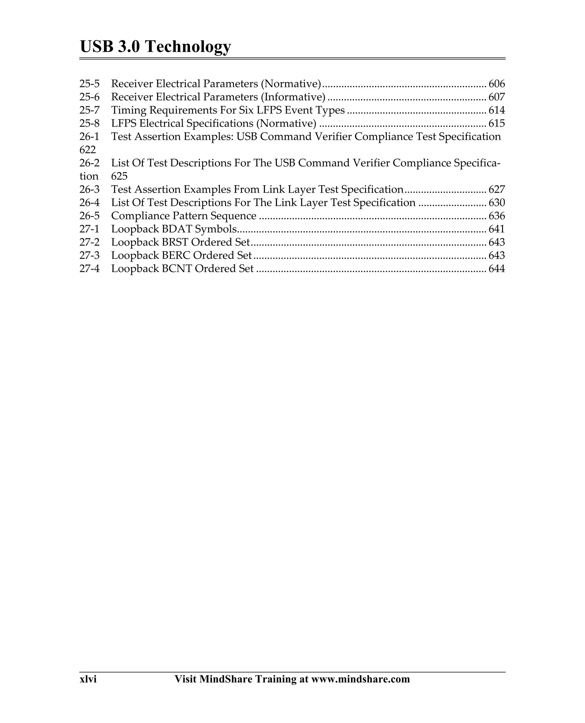 USB 3.0 Technology
xlvi Visit MindShare Training at www.mindshare.com
25-5 Receiver Electrical Parameters (Normative)............................................................ 606
25-6 Receiver Electrical Parameters (Informative) .......................................................... 607
25-7 Timing Requirements For Six LFPS Event Types ................................................... 614
25-8 LFPS Electrical Specifications (Normative) ............................................................. 615
26-1 Test Assertion Examples: USB Command Verifier Compliance Test Specification
622
26-2 List Of Test Descriptions For The USB Command Verifier Compliance Specifica-
tion 625
26-3 Test Assertion Examples From Link Layer Test Specification.............................. 627
26-4 List Of Test Descriptions For The Link Layer Test Specification ......................... 630
26-5 Compliance Pattern Sequence ................................................................................... 636
27-1 Loopback BDAT Symbols........................................................................................... 641
27-2 Loopback BRST Ordered Set...................................................................................... 643
27-3 Loopback BERC Ordered Set..................................................................................... 643
27-4 Loopback BCNT Ordered Set .................................................................................... 644
 