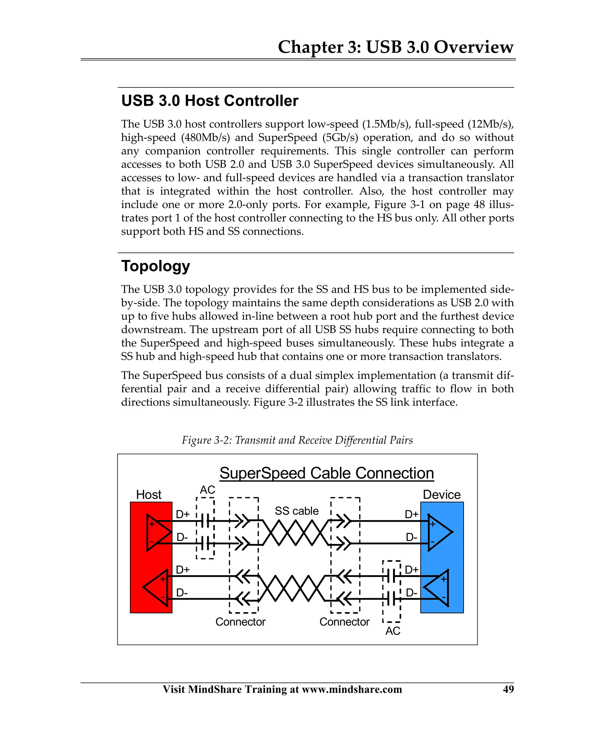 Chapter 3: USB 3.0 Overview
Visit MindShare Training at www.mindshare.com 49
USB 3.0 Host Controller
The USB 3.0 host controllers support low-speed (1.5Mb/s), full-speed (12Mb/s),
high-speed (480Mb/s) and SuperSpeed (5Gb/s) operation, and do so without
any companion controller requirements. This single controller can perform
accesses to both USB 2.0 and USB 3.0 SuperSpeed devices simultaneously. All
accesses to low- and full-speed devices are handled via a transaction translator
that is integrated within the host controller. Also, the host controller may
include one or more 2.0-only ports. For example, Figure 3-1 on page 48 illus-
trates port 1 of the host controller connecting to the HS bus only. All other ports
support both HS and SS connections.
Topology
The USB 3.0 topology provides for the SS and HS bus to be implemented side-
by-side. The topology maintains the same depth considerations as USB 2.0 with
up to five hubs allowed in-line between a root hub port and the furthest device
downstream. The upstream port of all USB SS hubs require connecting to both
the SuperSpeed and high-speed buses simultaneously. These hubs integrate a
SS hub and high-speed hub that contains one or more transaction translators.
The SuperSpeed bus consists of a dual simplex implementation (a transmit dif-
ferential pair and a receive differential pair) allowing traffic to flow in both
directions simultaneously. Figure 3-2 illustrates the SS link interface.
Figure 3-2: Transmit and Receive Differential Pairs
D-
D+
-
+
-
+
D--
+
-
+
D-
D+
-
+
D-
D+
-
+
D+
Connector
AC
ACHost Device
SuperSpeed Cable Connection
Connector
SS cable
 