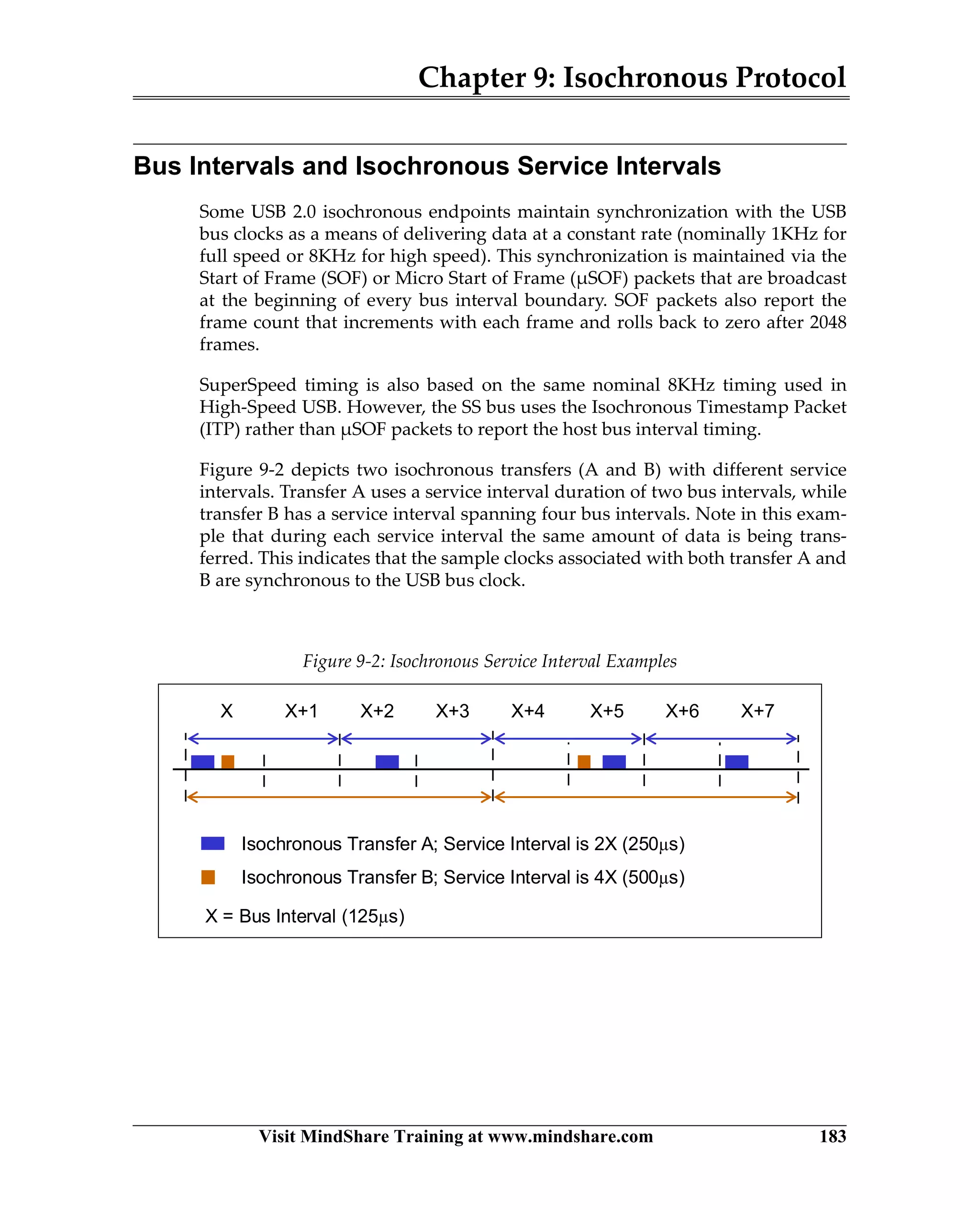 Chapter 9: Isochronous Protocol
Visit MindShare Training at www.mindshare.com 183
Bus Intervals and Isochronous Service Intervals
Some USB 2.0 isochronous endpoints maintain synchronization with the USB
bus clocks as a means of delivering data at a constant rate (nominally 1KHz for
full speed or 8KHz for high speed). This synchronization is maintained via the
Start of Frame (SOF) or Micro Start of Frame (µSOF) packets that are broadcast
at the beginning of every bus interval boundary. SOF packets also report the
frame count that increments with each frame and rolls back to zero after 2048
frames.
SuperSpeed timing is also based on the same nominal 8KHz timing used in
High-Speed USB. However, the SS bus uses the Isochronous Timestamp Packet
(ITP) rather than µSOF packets to report the host bus interval timing.
Figure 9-2 depicts two isochronous transfers (A and B) with different service
intervals. Transfer A uses a service interval duration of two bus intervals, while
transfer B has a service interval spanning four bus intervals. Note in this exam-
ple that during each service interval the same amount of data is being trans-
ferred. This indicates that the sample clocks associated with both transfer A and
B are synchronous to the USB bus clock.
Figure 9-2: Isochronous Service Interval Examples
X = Bus Interval (125μs)
Isochronous Transfer A; Service Interval is 2X (250μs)
Isochronous Transfer B; Service Interval is 4X (500μs)
X X+1 X+2 X+3 X+4 X+5 X+6 X+7
 