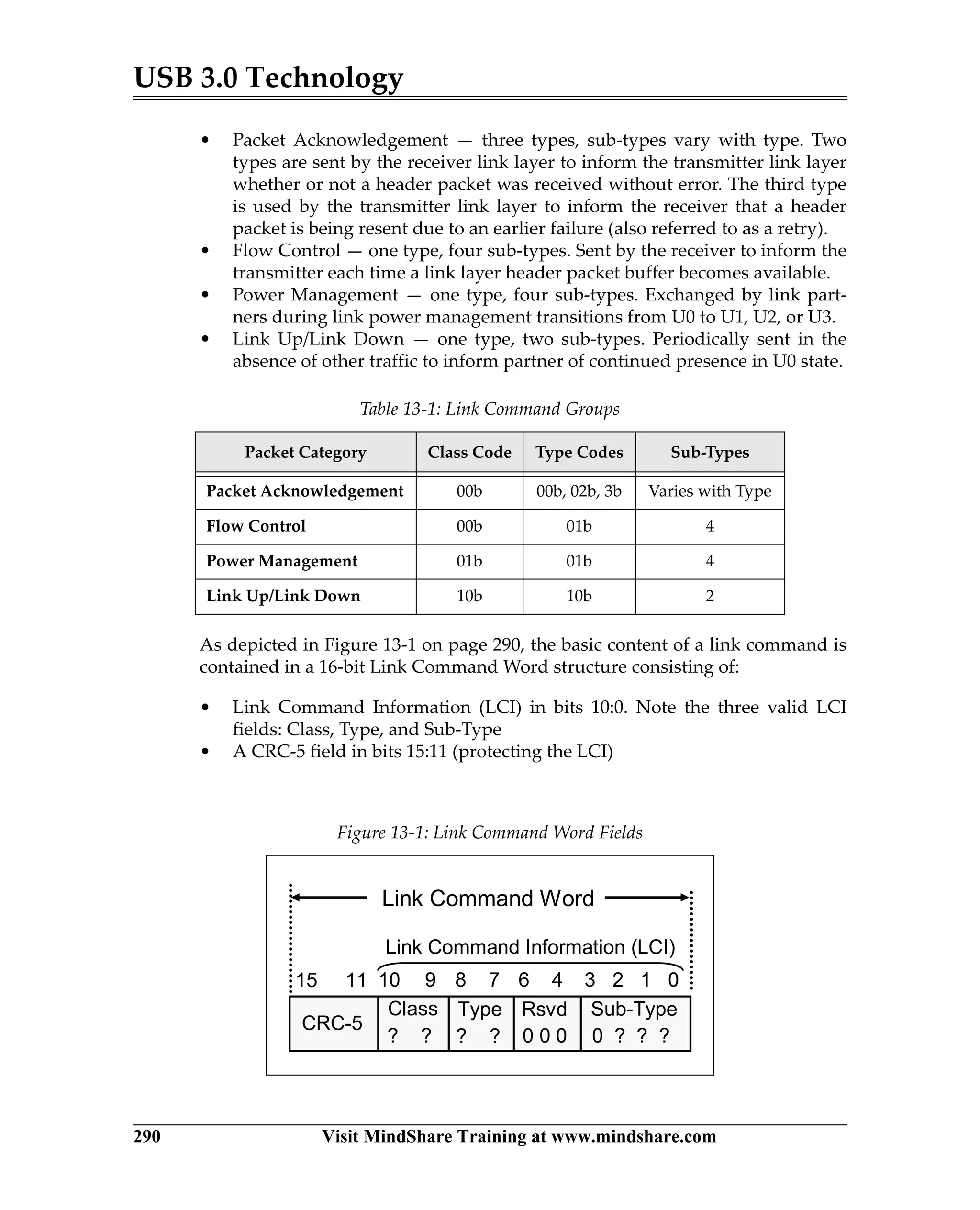 USB 3.0 Technology
290 Visit MindShare Training at www.mindshare.com
• Packet Acknowledgement — three types, sub-types vary with type. Two
types are sent by the receiver link layer to inform the transmitter link layer
whether or not a header packet was received without error. The third type
is used by the transmitter link layer to inform the receiver that a header
packet is being resent due to an earlier failure (also referred to as a retry).
• Flow Control — one type, four sub-types. Sent by the receiver to inform the
transmitter each time a link layer header packet buffer becomes available.
• Power Management — one type, four sub-types. Exchanged by link part-
ners during link power management transitions from U0 to U1, U2, or U3.
• Link Up/Link Down — one type, two sub-types. Periodically sent in the
absence of other traffic to inform partner of continued presence in U0 state.
As depicted in Figure 13-1 on page 290, the basic content of a link command is
contained in a 16-bit Link Command Word structure consisting of:
• Link Command Information (LCI) in bits 10:0. Note the three valid LCI
fields: Class, Type, and Sub-Type
• A CRC-5 field in bits 15:11 (protecting the LCI)
Table 13-1: Link Command Groups
Packet Category Class Code Type Codes Sub-Types
Packet Acknowledgement 00b 00b, 02b, 3b Varies with Type
Flow Control 00b 01b 4
Power Management 01b 01b 4
Link Up/Link Down 10b 10b 2
Figure 13-1: Link Command Word Fields
Type
0 ? ? ?? ?
6 48 715 11
CRC-5
Sub-TypeClass
? ?
Rsvd
Link Command Information (LCI)
0 0 0
10 9 3 2 1 0
Link Command Word
 