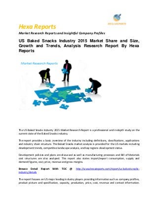 Hexa Reports
Market Research Reports and Insightful Company Profiles
US Baked Snacks Industry 2015 Market Share and Size,
Growth and Trends, Analysis Research Report By Hexa
Reports
The US Baked Snacks Industry 2015 Market Research Report is a professional and in-depth study on the
current state of the Baked Snacks industry.
The report provides a basic overview of the industry including definitions, classifications, applications
and industry chain structure. The Baked Snacks market analysis is provided for the US markets including
development trends, competitive landscape analysis, and key regions development status.
Development policies and plans are discussed as well as manufacturing processes and Bill of Materials
cost structures are also analyzed. This report also states import/export consumption, supply and
demand Figures, cost, price, revenue and gross margins.
Browse Detail Report With TOC @ http://www.hexareports.com/report/us-baked-snacks-
industry/details
The report focuses on US major leading industry players providing information such as company profiles,
product picture and specification, capacity, production, price, cost, revenue and contact information.
 