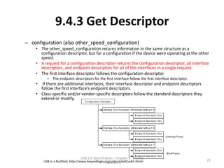 9.4.3 Get Descriptor
– configuration (also other_speed_configuration)
    • The other_speed_configuration returns information in the same structure as a
      configuration descriptor, but for a configuration if the device were operating at the other
      speed.
    • A request for a configuration descriptor returns the configuration descriptor, all interface
      descriptors, and endpoint descriptors for all of the interfaces in a single request.
    • The first interface descriptor follows the configuration descriptor.
          – The endpoint descriptors for the first interface follow the first interface descriptor.
    •  If there are additional interfaces, their interface descriptor and endpoint descriptors
      follow the first interface’s endpoint descriptors.
    • Class-specific and/or vendor-specific descriptors follow the standard descriptors they
      extend or modify.




                                 USB 2.0 Specification - Chapter 9 - Device
        USB in a NutShell, http://www.beyondlogic.org/usbnutshell/usb5.shtml                          72
                                                 Framework
 