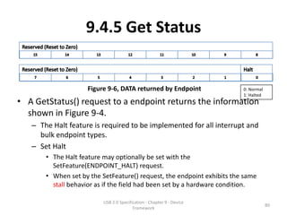 9.4.5 Get Status


                    Figure 9-6, DATA returned by Endpoint               0: Normal
                                                                        1: Halted
• A GetStatus() request to a endpoint returns the information
  shown in Figure 9-4.
   – The Halt feature is required to be implemented for all interrupt and
     bulk endpoint types.
   – Set Halt
       • The Halt feature may optionally be set with the
         SetFeature(ENDPOINT_HALT) request.
       • When set by the SetFeature() request, the endpoint exhibits the same
         stall behavior as if the field had been set by a hardware condition.

                          USB 2.0 Specification - Chapter 9 - Device
                                                                                    80
                                         Framework
 