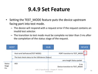 9.4.9 Set Feature
 • Setting the TEST_MODE feature puts the device upstream
   facing port into test mode.
         – The device will respond with a request error if the request contains an
           invalid test selector.
         – The transition to test mode must be complete no later than 3 ms after
           the completion of the status stage of the request.


     HOST                                              HUB                                             DEVICE

            Host send SetFeature(TEST MODE)                                PORT transition to TEST_MODE

            The host check status to the USB device (Status)
                                                                                zero-length Status packet
Status      ACK                                                                                     3 ms
Stage                                                                    Device transition to TEST_MODE
Fin
                                       USB 2.0 Specification - Chapter 9 - Device
                                                                                                                96
                                                      Framework
 