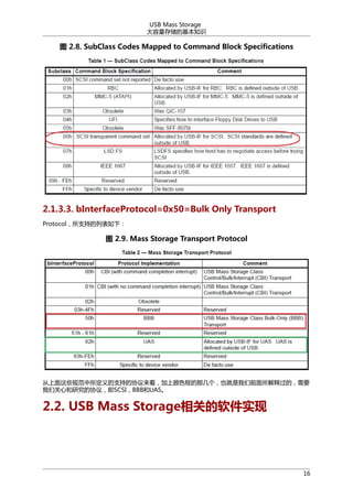 USB Mass Storage
洢Ļ֪ʶ

ͼ 2.8. SubClass Codes Mapped to Command Block Specifications

2.1.3.3. bInterfaceProtocol=0x50=Bulk Only Transport
Protocolֵ֧б£

ͼ 2.9. Mass Storage Transport Protocol

Щ淶ֵ֧ЭɫǼҲǰ͹ģҪ
ǹĺоЭ飬SCSIBBBUAS

2.2. USB Mass Storageصʵ

16

 