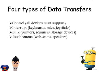 Four types of Data Transfers
Control (all devices must support)
Interrupt (keyboards, mice, joysticks)
Bulk (printers, scanners, storage devices)
 Isochronous (web-cams, speakers)
 