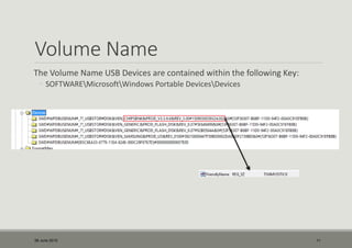 Volume Name
The Volume Name USB Devices are contained within the following Key:
◦ SOFTWAREMicrosoftWindows Portable DevicesDevices
06 June 2015 11
 