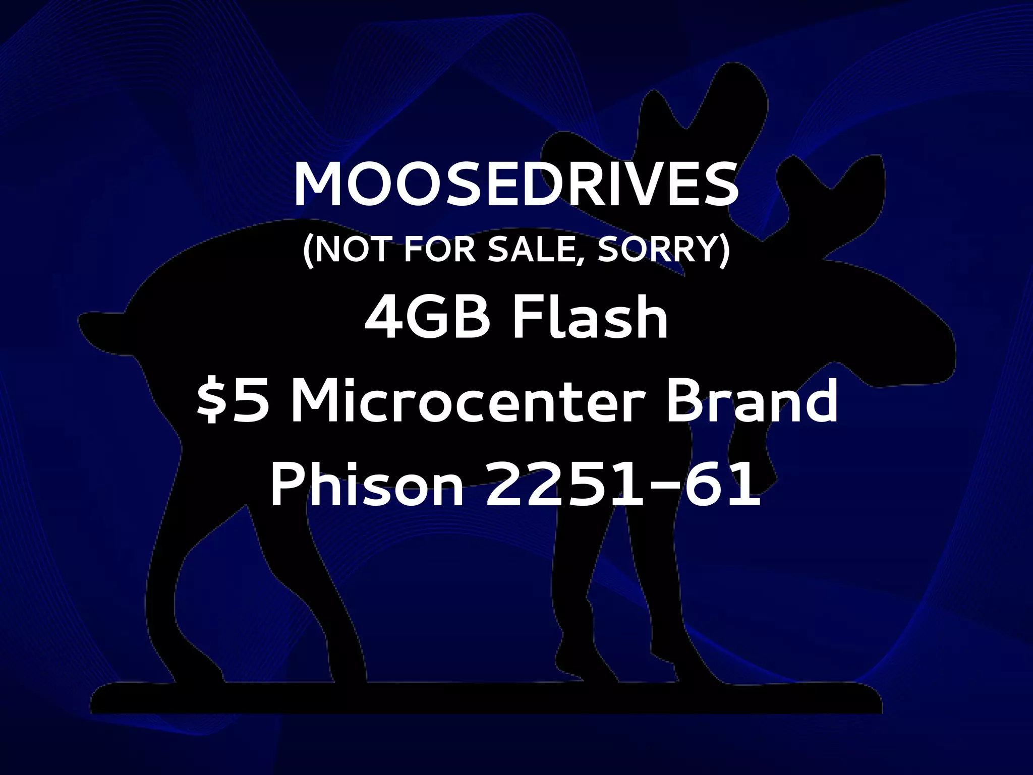 MOOSEDRIVES
(NOT FOR SALE, SORRY)

4GB Flash
$5 Microcenter Brand
Phison 2251-61

 
