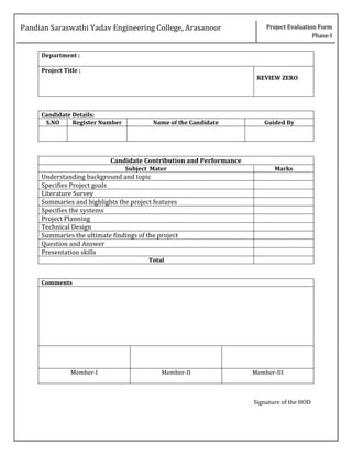 Pandian Saraswathi Yadav Engineering College, Arasanoor Project Evaluation Form
Phase-I
Department :
Project Title :
REVIEW ZERO
Candidate Details:
S.NO Register Number Name of the Candidate Guided By
Candidate Contribution and Performance
Subject Mater Marks
Understanding background and topic
Specifies Project goals
Literature Survey
Summaries and highlights the project features
Specifies the systems
Project Planning
Technical Design
Summaries the ultimate findings of the project
Question and Answer
Presentation skills
Total
Comments
Member-I Member-II Member-III
Signature of the HOD
 