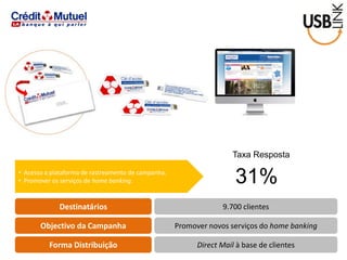 Destinatários 
Objectivo da Campanha 
Forma Distribuição 
9.700 clientes 
Promover novos serviços do home banking 
Direct Mail à base de clientes 
• Acesso a plataforma de rastreamento de campanha. 
• Promover os serviços de home banking. 
Taxa Resposta 
31%  
