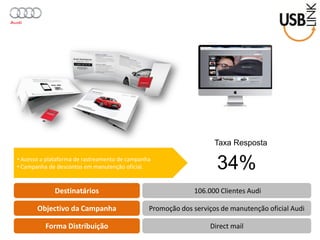 Destinatários 
Objectivo da Campanha 
Forma Distribuição 
106.000 Clientes Audi 
Promoção dos serviços de manutenção oficial Audi 
Direct mail 
• Acesso a plataforma de rastreamento de campanha 
• Campanha de descontos em manutenção oficial. 
Taxa Resposta 
34%  