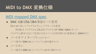 MIDI to DMX 変換仕様
MIDI mapped DMX spec
● DMX 128/256/384/512モード変更
Ch.1-4に対してプログラムチェンジでモードを変更
例）Ch.1 プログラム1、Ch.2-4 プログラム0でDMX 128ch.モード
プログラム番号に応じて有効になるイベントが切り替わる（演奏向け、DAW向け）

● ノートオフ / キープレッシャー
ノート番号のDMX ch.にベロシティ×2の値をセット

● ノートオン
ノート番号のDMX ch.にベロシティ×2+1の値をセット

 