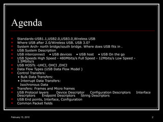 Agenda Standards-USB1.1,USB2.0,USB3.0,Wireless USB  Where USB after 2.0/Wireless USB. USB 3.0?  System Arch- north bridge/south bridge. Where does USB fits in .  USB System Description     USB interconnect    • USB devices    • USB host    • USB On the go USB Speeds High Speed - 480Mbits/s Full Speed - 12Mbits/s Low Speed - 1.5Mbits/s  USB HOSTs -UHCI, OHCI ,EHCI   Data Flow Types (USB Data Flow Model )     Control Transfers:     •  Bulk Data Transfers:     •  Interrupt Data Transfers:      Isochronous Data Transfers: Frames and Micro frames USB Protocol layers       Device Descriptor     Configuration Descriptors     Interface Descriptors      Endpoint Descriptors     String Descriptors  USB End points, Interface, Configuration Common Packet fields     