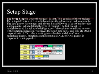Setup Stage The  Setup Stage  is where the request is sent. This consists of three packets. The setup token is sent first which contains the address and endpoint number. The data packet is sent next and always has a PID type of data0 and includes a setup packet which details the type of request. The last packet is a handshake used for acknowledging successful receipt or to indicate an error. If the function successfully receives the setup data (CRC and PID etc OK) it responds with ACK, otherwise it ignores the data and doesn’t send a handshake packet. Functions cannot issue a STALL or NAK packet in response to a setup packet  