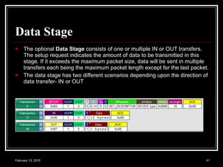 Data Stage The optional  Data Stage  consists of one or multiple IN or OUT transfers. The setup request indicates the amount of data to be transmitted in this stage. If it exceeds the maximum packet size, data will be sent in multiple transfers each being the maximum packet length except for the last packet. The data stage has two different scenarios depending upon the direction of data transfer- IN or OUT 