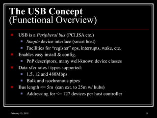 The USB Concept (Functional Overview) USB is a  Peripheral   bus  (PCI,ISA etc.) Simple  device interface (smart host) Facilities for “register” ops, interrupts, wake, etc. Enables easy install & config. PnP descriptors, many well-known device classes Data xfer rates / types supported: 1.5, 12 and 480Mbps Bulk and isochronous pipes Bus length <= 5m  (can ext. to 25m w/ hubs) Addressing for <= 127 devices per host controller 