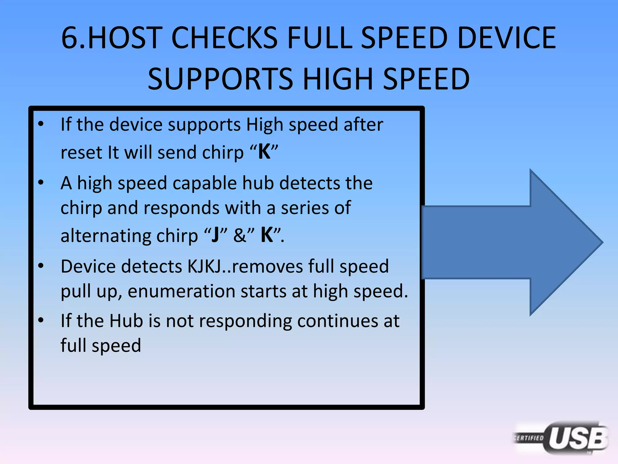 6.HOST CHECKS FULL SPEED DEVICE
SUPPORTS HIGH SPEED
• If the device supports High speed after
reset It will send chirp “K”
• A high speed capable hub detects the
chirp and responds with a series of
alternating chirp “J” &” K”.
• Device detects KJKJ..removes full speed
pull up, enumeration starts at high speed.
• If the Hub is not responding continues at
full speed
 
