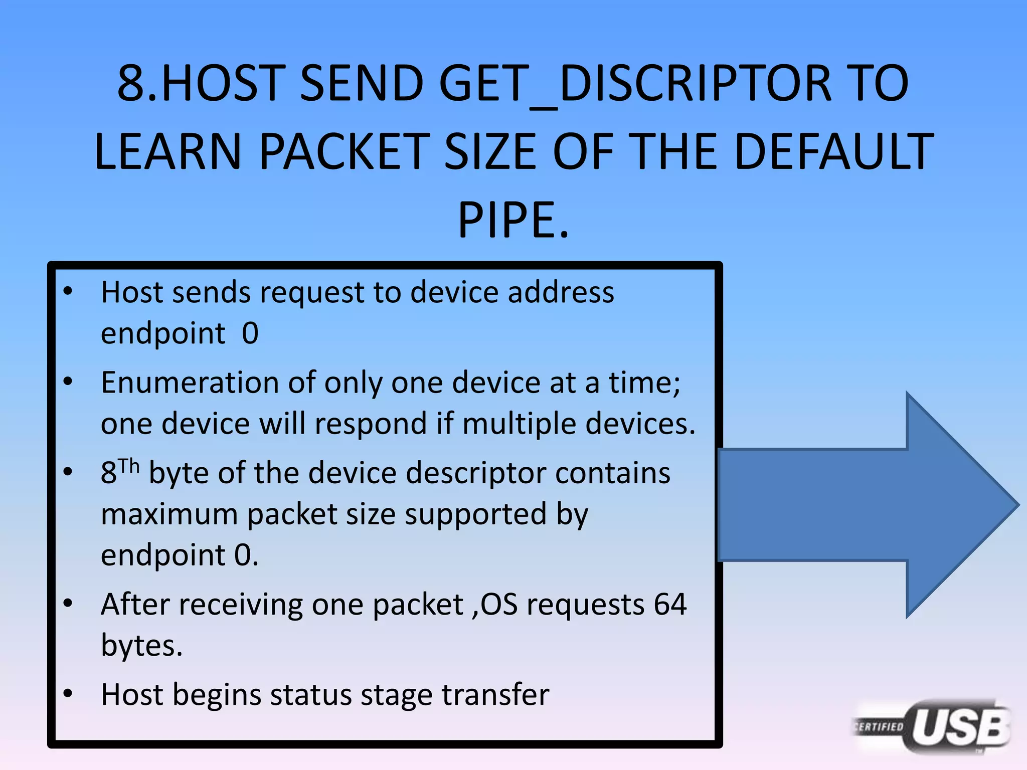 8.HOST SEND GET_DISCRIPTOR TO
LEARN PACKET SIZE OF THE DEFAULT
PIPE.
• Host sends request to device address
endpoint 0
• Enumeration of only one device at a time;
one device will respond if multiple devices.
• 8Th byte of the device descriptor contains
maximum packet size supported by
endpoint 0.
• After receiving one packet ,OS requests 64
bytes.
• Host begins status stage transfer
 