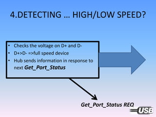 4.DETECTING … HIGH/LOW SPEED?
• Checks the voltage on D+ and D-
• D+>D- =>full speed device
• Hub sends information in response to
next Get_Port_Status
Get_Port_Status REQ
 
