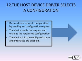 12.THE HOST DEVICE DRIVER SELECTS
A CONFIGURATION
• Device driver request configuration
by sending set configuration request .
• The device reads the request and
enables the requested configuration.
• The device is in the configured states
and interfaces are enabled.
 