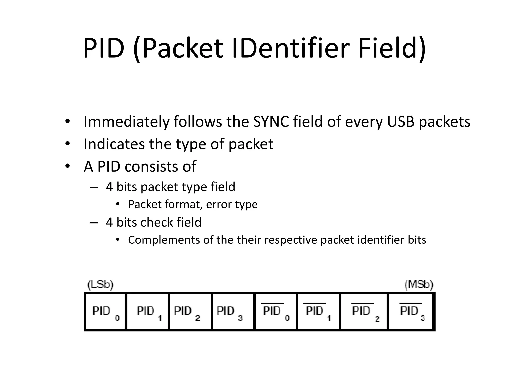 PID (Packet IDentifier Field)
• Immediately follows the SYNC field of every USB packets
• Indicates the type of packet
• A PID consists of
– 4 bits packet type field
• Packet format, error type
– 4 bits check field
• Complements of the their respective packet identifier bits
 