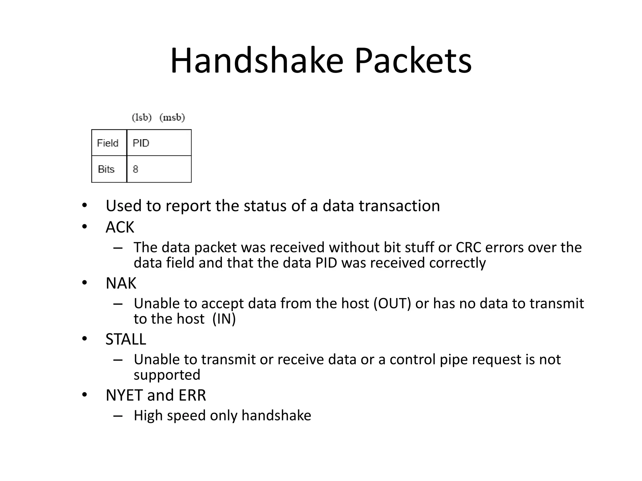Handshake Packets
• Used to report the status of a data transaction
• ACK
– The data packet was received without bit stuff or CRC errors over the
data field and that the data PID was received correctly
• NAK
– Unable to accept data from the host (OUT) or has no data to transmit
to the host (IN)
• STALL
– Unable to transmit or receive data or a control pipe request is not
supported
• NYET and ERR
– High speed only handshake
 