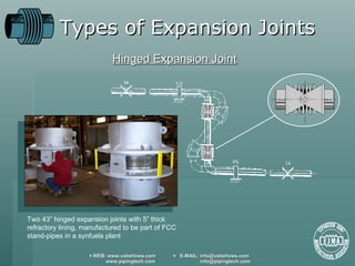 Types of Expansion Joints Hinged Expansion Joint Two 43” hinged expansion joints with 5” thick refractory lining, manufactured to be part of FCC stand-pipes in a synfuels plant 