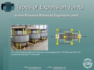 Types of Expansion Joints In-line Pressure Balanced Expansion Joint 24 "  In-line Pressure Balanced Expansion Joints designed for 175 PSIG and 610  F for a petrochemical plant in Venezuela 