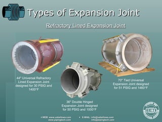 Types of Expansion Joint Refractory Lined Expansion Joint 44 "  Universal Refractory Lined Expansion Joint designed for 30 PSIG and 1400  F 36 "  Double Hinged Expansion Joint designed for 50 PSIG and 1000  F 70 "  Tied Universal Expansion Joint designed for 51 PSIG and 1460  F 