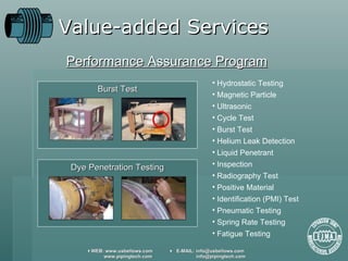 Value-added Services Burst Test Hydrostatic Testing Magnetic Particle Ultrasonic Cycle Test Burst Test Helium Leak Detection Liquid Penetrant Inspection Radiography Test Positive Material Identification (PMI) Test Pneumatic Testing Spring Rate Testing Fatigue Testing Dye Penetration Testing Performance Assurance Program 