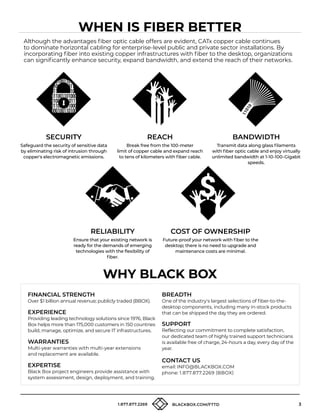 3
1.877.877.2269 BLACKBOX.COM/FTTD 3
COST OF OWNERSHIP
Future-proof your network with fiber to the
desktop; there is no need to upgrade and
maintenance costs are minimal.
RELIABILITY
Ensure that your existing network is
ready for the demands of emerging
technologies with the flexibility of
fiber.
WHY BLACK BOX
FINANCIAL STRENGTH
Over $1 billion annual revenue; publicly traded (BBOX).
EXPERIENCE
Providing leading technology solutions since 1976, Black
Box helps more than 175,000 customers in 150 countries
build, manage, optimize, and secure IT infrastructures.
WARRANTIES
Multi-year warranties with multi-year extensions
and replacement are available.
EXPERTISE
Black Box project engineers provide assistance with
system assessment, design, deployment, and training.
WHEN IS FIBER BETTER
Although the advantages fiber optic cable offers are evident, CATx copper cable continues
to dominate horizontal cabling for enterprise-level public and private sector installations. By
incorporating fiber into existing copper infrastructures with fiber to the desktop, organizations
can significantly enhance security, expand bandwidth, and extend the reach of their networks.
REACH
Break free from the 100-meter
limit of copper cable and expand reach
to tens of kilometers with fiber cable.
BANDWIDTH
Transmit data along glass filaments
with fiber optic cable and enjoy virtually
unlimited bandwidth at 1-10-100-Gigabit
speeds.
SECURITY
Safeguard the security of sensitive data
by eliminating risk of intrusion through
copper's electromagnetic emissions.
BREADTH
One of the industry's largest selections of fiber-to-the-
desktop components, including many in-stock products
that can be shipped the day they are ordered.
SUPPORT
Reflecting our commitment to complete satisfaction,
our dedicated team of highly trained support technicians
is available free of charge, 24-hours a day, every day of the
year.
CONTACT US
email: INFO@BLACKBOX.COM
phone: 1.877.877.2269 (BBOX)
 
