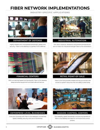 4 1.877.877.2269 BLACKBOX.COM/FTTD
4
FIBER NETWORK IMPLEMENTATIONS
INDUSTRY-SPECIFIC APPLICATIONS
With unmatched speed and bandwidth, fiber to the desktop
keeps sensitive equipment and data safe and secure.
Fiber to the PoS provides reliable and secure remote user
access to system resources that are safely tucked away.
FINANCIAL CENTERS RETAIL POINT-OF-SALE
Grow your business with fiber to the desktop's unmatched
speed, reliablity, security, and cost of ownership.
The reliability, speed, bandwidth, and security benefits of
fiber to the desktop are ideal for command and control
centers.
ENTERPRISE-LEVEL BUSINESSES MISSION-CONTROL CENTERS
Highly reliable with unsurpassed bandwidth, speed, and
security—fiber to the desktop is a perfect fit for defense.
Dirt, dust, moisture, vibrations, and extreme temperatures
are no match for industrial-strength fiber to the workstation.
DEPARTMENT OF DEFENSE INDUSTRIAL AUTOMATION
 