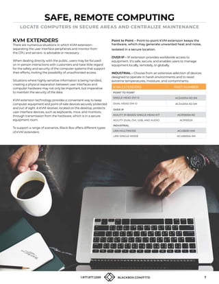 7
1.877.877.2269 BLACKBOX.COM/FTTD 7
KVM EXTENDERS
There are numerous situations in which KVM extension-
separating the user interface peripherals and monitor from
the CPU and servers-is advisable or necessary.
When dealing directly with the public, users may be focused
on in-person interactions with customers and have little regard
for the safety and security of the computer systems that support
their efforts, inviting the possibility of unauthorized access.
Situations where highly-sensitive information is being handled,
creating a physical separation between user interfaces and
computer hardware may not only be important, but imperative
to maintain the security of the data.
KVM extension technology provides a convenient way to keep
computer equipment and point-of-sale devices securely protected
and out of sight. A KVM receiver, located on the desktop, protects
user interface devices, such as keyboards, mice, and monitors,
through transmission from the hardware, which is in a secure
equipment room.
To support a range of scenarios, Black Box offers different types
of KVM extenders:
KVM EXTENDERS PART NUMBER
POINT TO POINT
SINGLE-HEAD DVI-D ACS4001A-R2-SM
DUAL-HEAD DVI-D ACS4201A-R2-SM
OVER IP
AGILITY IP-BASED SINGLE-HEAD KIT ACR1000A-R2
AGILITY DUAL DVI, USB, AND AUDIO ACR1002A
INDUSTRIAL
LRXI-MULTIMODE ACU5600-MM
LRXI-SINGLE-MODE ACU5600A-SM
Point to Point – Point-to-point KVM extension keeps the
hardware, which may generate unwanted heat and noise,
isolated in a secure location.
OVER IP – IP extension provides worldwide access to
equipment. It's safe, secure, and enables users to manage
equipment locally, remotely, or globally.
INDUSTRIAL – Choose from an extensive selection of devices
designed to operate in harsh environments and to resist
extreme temperatures, moisture, and contaminants.
SAFE, REMOTE COMPUTING
LOCATE COMPUTERS IN SECURE AREAS AND CENTRALIZE MAINTENANCE
 