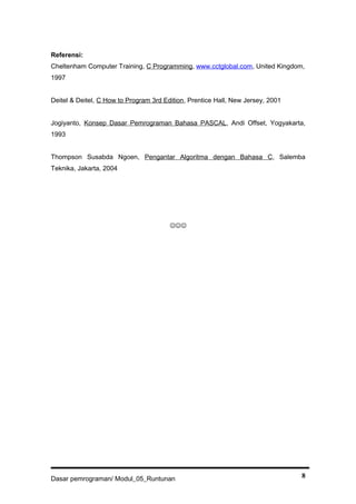 Referensi:
Cheltenham Computer Training, C Programming, www.cctglobal.com, United Kingdom,
1997
Deitel & Deitel, C How to Program 3rd Edition, Prentice Hall, New Jersey, 2001
Jogiyanto, Konsep Dasar Pemrograman Bahasa PASCAL, Andi Offset, Yogyakarta,
1993
Thompson Susabda Ngoen, Pengantar Algoritma dengan Bahasa C, Salemba
Teknika, Jakarta, 2004

Dasar pemrograman/ Modul_05_Runtunan 8
 