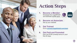 4242
1. Become a Member
Download the LegalShield
and IDShield mobile apps
2. Become an Associate
Set up your website
3. Get Trained
Go to connect.legalshield.com/start
4. Get Paid and Promoted
Earn the $180 LevelUp bonus in your
first 20 days
Action Steps
 