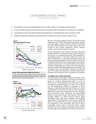 Page 1
May 16th, 2018
US BUSINESS CYCLE TIMING
Suttle Economics Notes #37
• The decline in the unemployment rate, to 3.9%, takes us into late-cycle territory
• In my central scenario for the economy, the pieces fall into place for a recession in 2020H1
• Corporate caution has dominated this expansion; it will keep the next recession mild
• Tighter financial conditions will result from the Fed, but an oil shock is also a risk
8 post-1960 expansions (NBER definitions)
1) Mar 61-Dec 69; 2) Dec 70-Nov 73; 3) Apr 75-Jan 80;
4) Aug 80-Jul 81; 5) Dec 82-Jul 90; 6) Apr 91-Mar 01; 7)
Dec 01-Dec 07; 8) Jul 09 to present.
We are in the later stages of the 8th
US business cycle
expansion since 1960. The longest expansion was the
one that began in March 1991, at the end of the first
Gulf War, which lasted 120 months. May is the 107th
month of the current expansion, which officially
makes it the second longest on record.
The unemployment rate serves as the best and most
timely indicator of overall business cycle conditions.
So long as it is stable-to-declining, the expansion is
proceeding (Chart 1). The April reading of 3.9% has
been exceeded on a sustained basis only during the
long, overheating expansion of the 1960s. In the last 3
complete expansions, the unemployment rate has hit
a cyclical low about 12-18 months before the onset of
recession. Subsequent to this low, the unemployment
rate has levelled off before beginning to rise again. An
increase in the unemployment rate from the cyclical
low of ½% point has served as a reliable signal (both
necessary and sufficient) that a recession is underway.
A stylized view of the late-cycle
The right way to think about a late cycle phase is that
it means that the economy is running out of room to
grow at a robust, above-trend pace. In such an
environment, the probability of running into a variety
of capacity constraints goes up, which can mean a
mix of accelerating inflation, a squeeze on profit
margins, a deteriorating external imbalance or some
combination of all three. One of the most important
features of a late-cycle environment is that monetary
policy becomes more restrictive, as policymakers
become concerned about overheating risks—either
through inflation or some financial excess (often
associated with asset price excesses and property
speculation). The prevalence of late-cycle conditions
does not mean that the economy is guaranteed to tip
into recession in the short-term, but such a risk is
intensified. Some kind of financial shock (either
through the stock market or through the oil price) is
then enough to tip the balance of the economy down.
3
4
5
6
7
8
9
10
11
0 12 24 36 48 60 72 84 96 108120
61 70
75 80
82 91
01 09
Chart 1
US unemployment rate
% of labor force
months of expansion
-7
-5
-3
-1
1
3
5
0 12 24 36 48 60 72 84 96 108120
61 70
75 80
82 91
01 09
Chart 2
Real wages
avg hourly earnings deflated by CPI; %oya
months of expansion
 