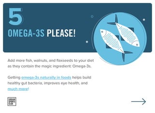 5OMEGA-3S PLEASE!
Add more ﬁsh, walnuts, and ﬂaxseeds to your diet
as they contain the magic ingredient: Omega-3s.
Getting...