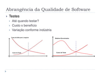 Abrangência da Qualidade de SoftwareQualidadeRiscoFator que pode resultar em conseqüências negativas futuras;Projeto: relacionado ao gerenciamento e ao controle do projeto;Produto: relacionado ao produto em fabricação
