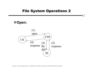 Copyright © 1995-2012 Clifford Neuman - UNIVERSITY OF SOUTHERN CALIFORNIA - INFORMATION SCIENCES INSTITUTE
File System Operations 2
Open:
US
SS
CSS
(1)
open
(2)
Be
SS?
(3)
response
(4)
response
 