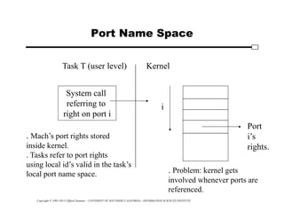 Copyright © 1995-2012 Clifford Neuman - UNIVERSITY OF SOUTHERN CALIFORNIA - INFORMATION SCIENCES INSTITUTE
Port Name Space
System call
referring to
right on port i
Task T (user level) Kernel
i
Port
i’s
rights.
. Mach’s port rights stored
inside kernel.
. Tasks refer to port rights
using local id’s valid in the task’s
local port name space. . Problem: kernel gets
involved whenever ports are
referenced.
 