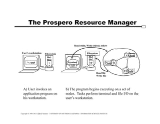 Copyright © 1995-2012 Clifford Neuman - UNIVERSITY OF SOUTHERN CALIFORNIA - INFORMATION SCIENCES INSTITUTE
The Prospero Resource Manager
A) User invokes an
application program on
his workstation.
b) The program begins executing on a set of
nodes. Tasks perform terminal and file I/O on the
user’s workstation.
% appl
User’s workstation Filesystem
file1
file2
•
•
•
Node
Node
T2
Node
T3
T1
Terminal
I/O
Read stdin, Write stdout, stderr
Read file
Filesystem
file1
file2
•
•
•
Write file
 